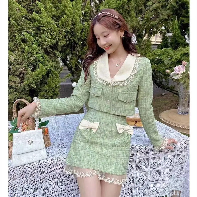 

Korea Two Piece Set Frill Lace Pearls Button Up Jacket Tweed Outfit Coat Crop Top + Bow Mini Skirt Suit Women Fall Cute Clothes