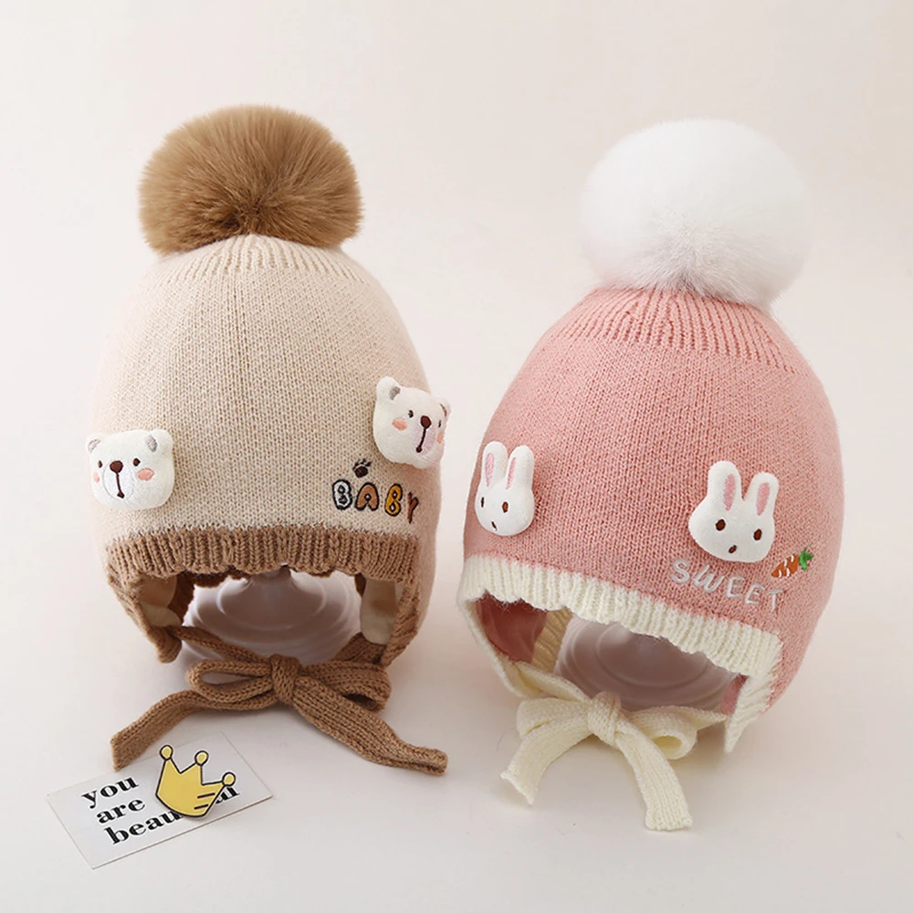 3D Doll Children Winter Beanies Cute Cartoon Earmuffs Wool Hat Autumn Baby Warm Cold-proof Knitted Hats Caps For Kids 2-8 Years