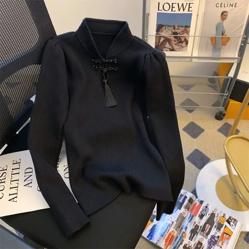 

Нижняя рубашка в китайском стиле с воротником-стойкой, женская новинка 2025, осень-зима, винтажные пуловеры с пуговицами, футболка, топы с кисточками