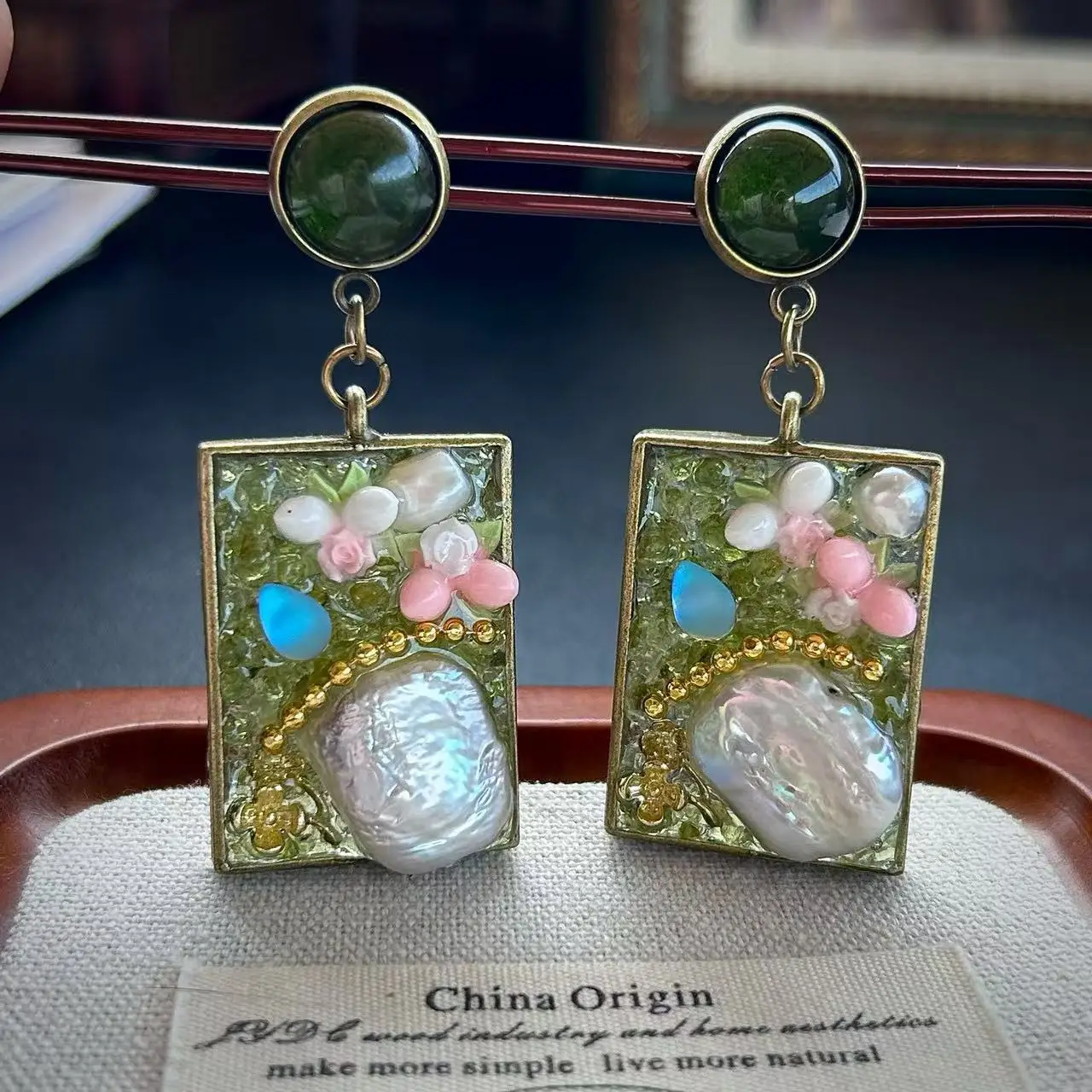 Natural Baroque Peridot Monet Garden Handmade Earrings Oil Painting French Vintage Niche Premium Earrings