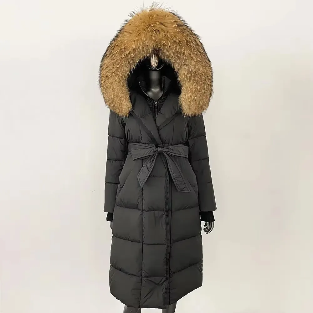 ลงเสื้อแจ็คเก็ตผู้หญิงฤดูหนาวขนสุนัขจิ้งจอกธรรมชาติจริงHoodedเข็มขัดที่ถอดออกได้สีขาวGoose Down CoatยาวสบายๆOverwears
