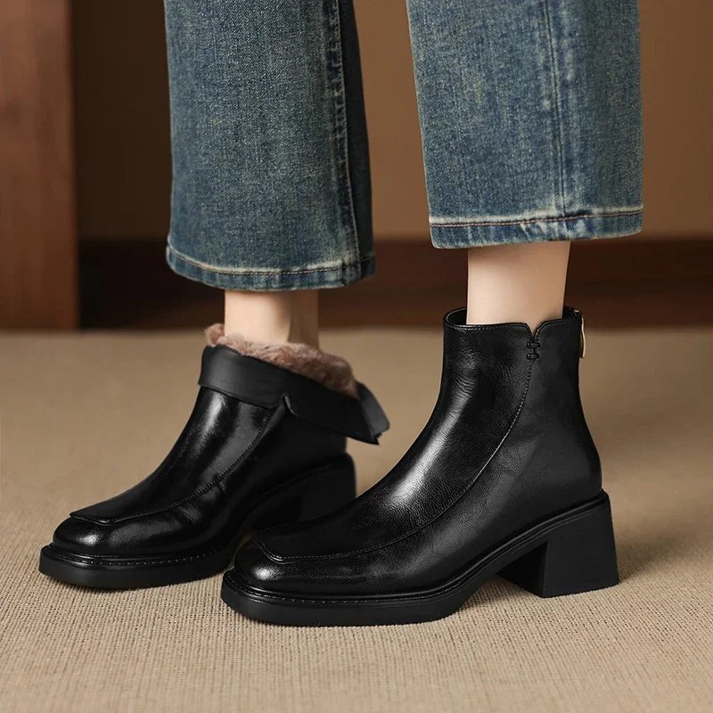 2026 new autumn winter women ankle boots natural leather plus size 22-25cm split leather+wool thick heel back zip short boots