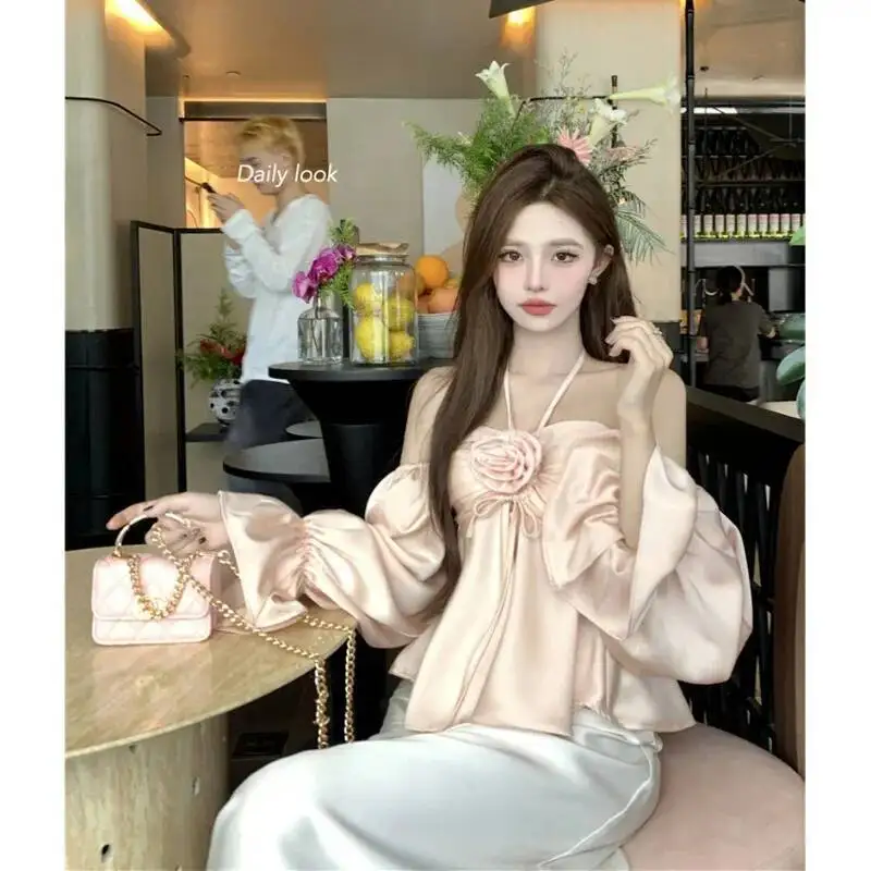 Kimotimo Flower Halter Crop Tops Women Sexy Sweet Off Shoulder Flared Sleeve Slim Fit Shirts Spring Summer All Match Y2k Blouse