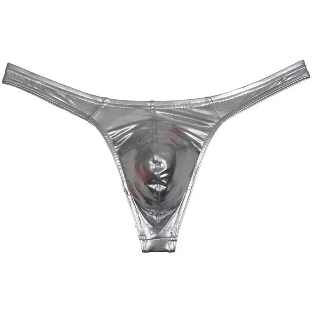 Sexy Men Oil Shiny Thong Leather Panties Like T-back Underwear Male Stretchy G-string Solid Mini Bikini Thong Bulge Pouch Pants