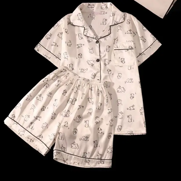 Rabbit Print Sleepwear Women Pajama Sets Korean Style Summer Piiama 2 Pieces Night Wears for Sleeping Student Cute Home Suit