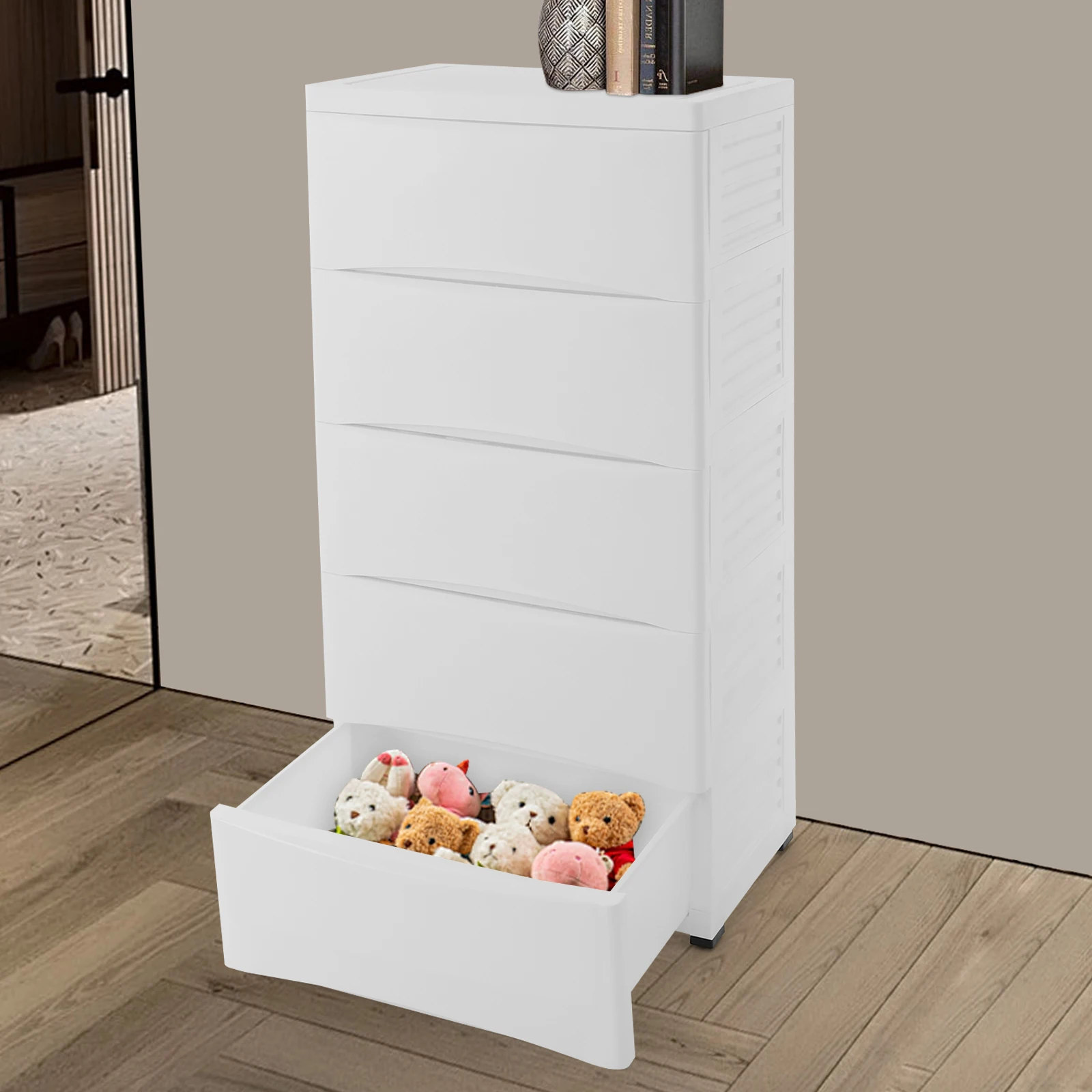 

5-Tier Dresser Storage with 4 Wheels White Freestanding Dresser Closet Organizer with Large Drawers for Home Living Room Bedroom