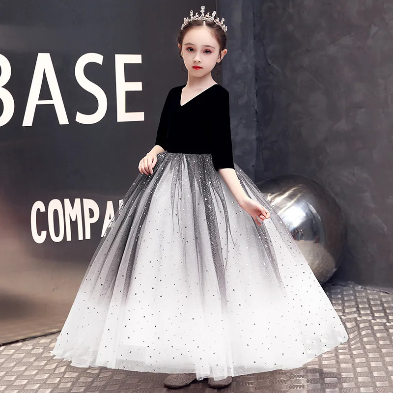 

Children's Fashion Show Birthday Black Princess Flower Girl Puffy Tulle Piano Performance Evening Dress Stage Same S