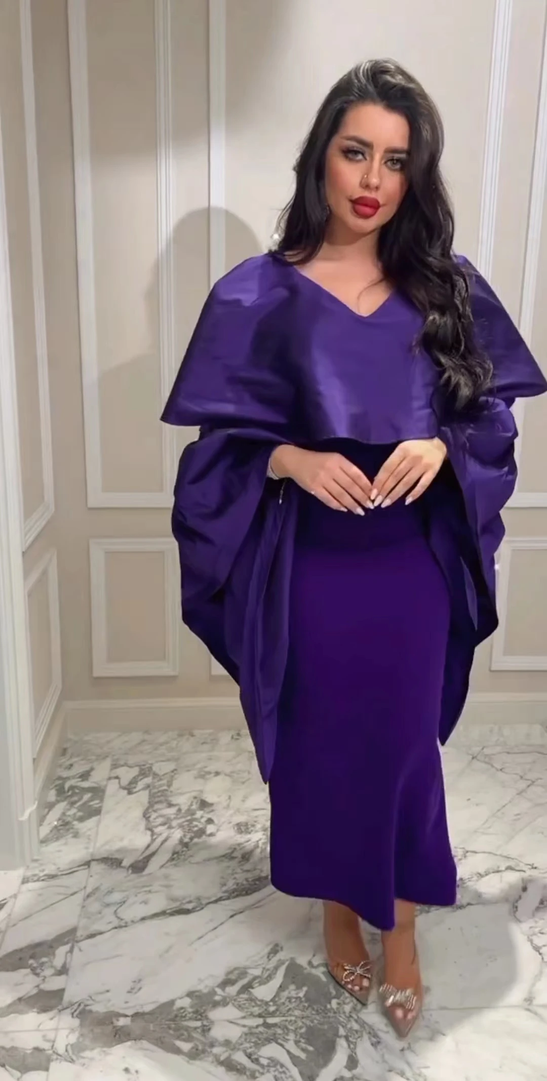 

AsaNagi Customizable Evening Dresses V Neck Wide Sleeves Ankle-Length Slit Women Simple Party Dress 2023 فساتين الحفلات