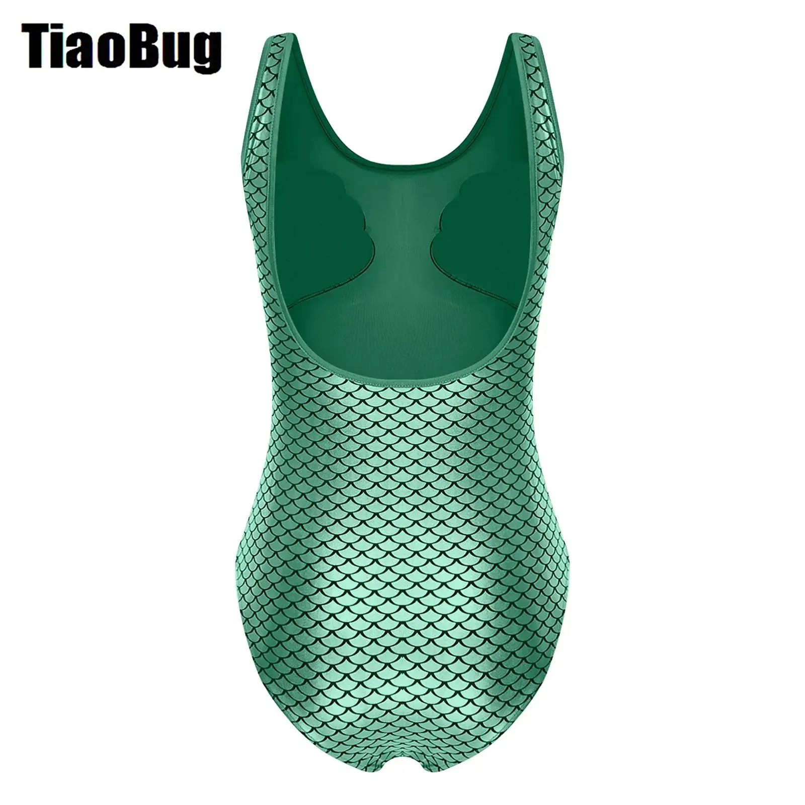 

Women Metallic Dance Leotard Halloween Mermaid Cosplay Costume Scallop Cup Sheer Mesh Mermaid Bodysuit Fish Scale Print Jumpsuit