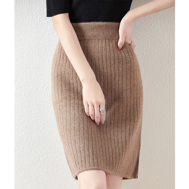 100% merino wool women's knitted skirt, elastic waist, casual, fashionable, striped, new autumn and winter 2024