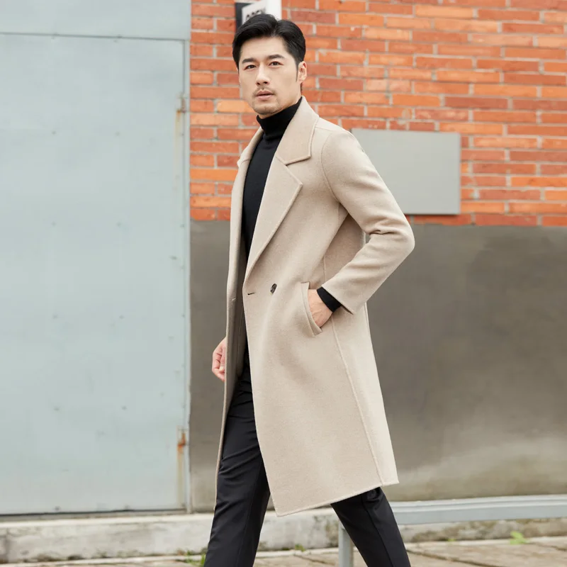 Extra-Long Double Face Men 100% Wool Coat Winter New Style Warm Slim Fit Extended Knee Mens Woolen Coats and Jackets