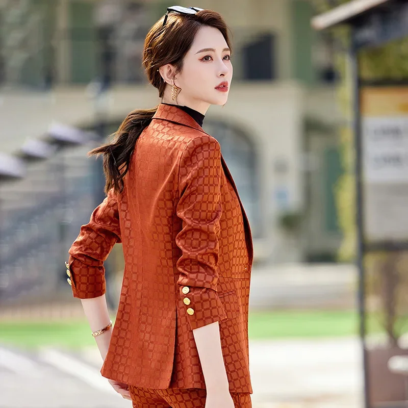 Pop Orange Plaid Women Suits Office Sets New Fashion Long Sleeve Slim Single Button Blazers Casual High Waist Flare Pants Suits