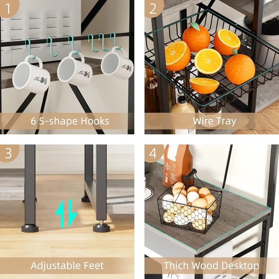 رف الخبازين مع مخرج طاقة وحامل ميكروويف للمطبخ وغرفة المعيشة ورف تخزين 6 طبقات مع 6 خطافات وفكرة سلة سلكية #4