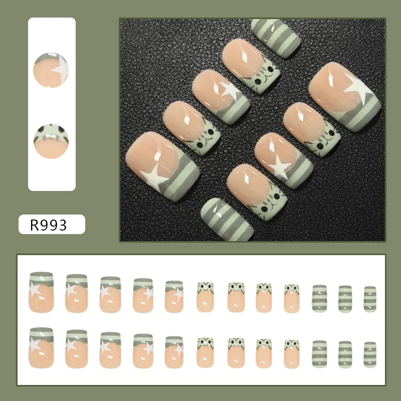24pcs Nude Sage Green Press On Nails Drawn Stripes White Star Cute Spider Pattern Fake Nail Short Square False Nail for Women&Gi
