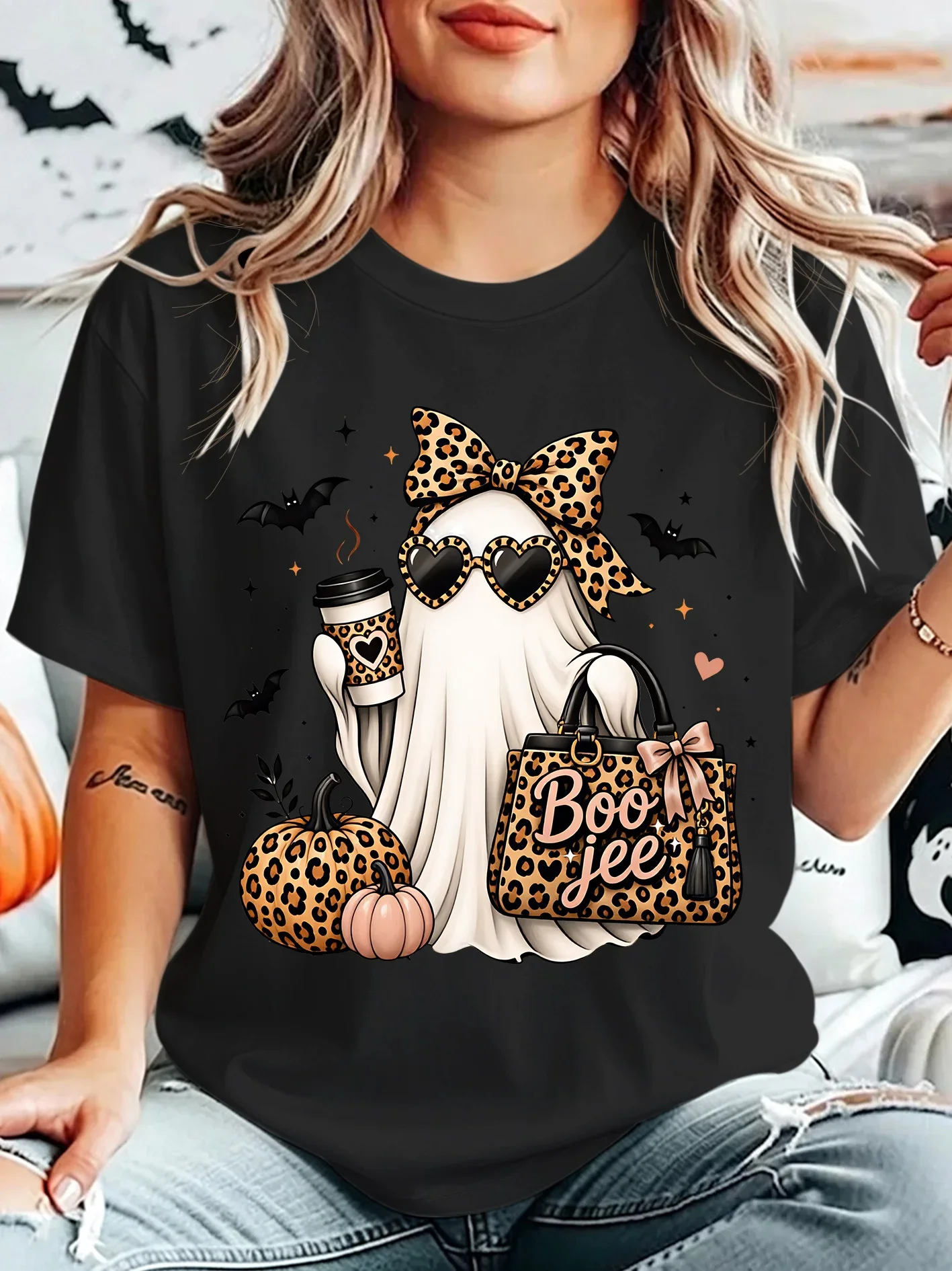 Leopard Boo Jee Ghost Womens T Shirt Halloween Coffee Pumpkin Bow Graphic Tee Short Sleeve Casual Holiday Party Ladies Tops