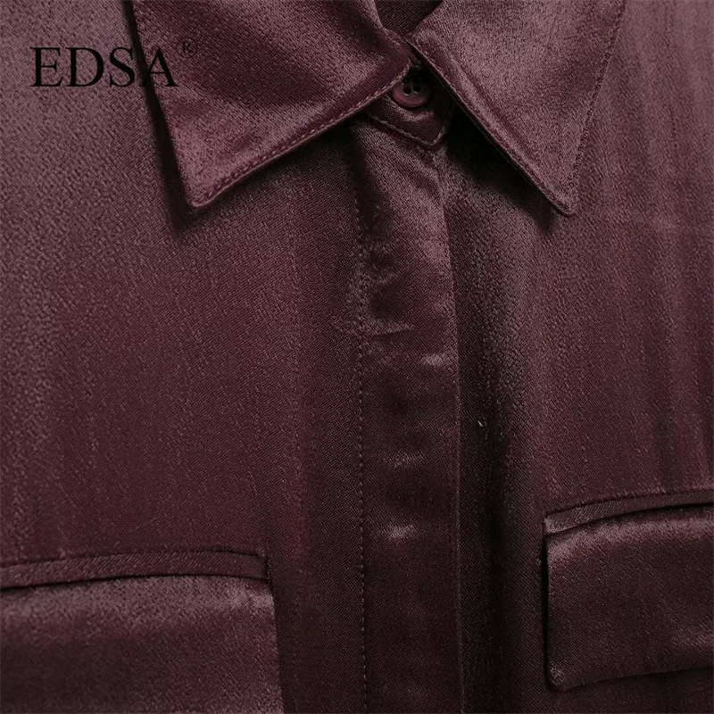 EDSA Women Satin Shirt with Double Flap Pockets Long Sleeves Rounded Asymmetric Hem Blouse Single Breasted Concealed Button-up