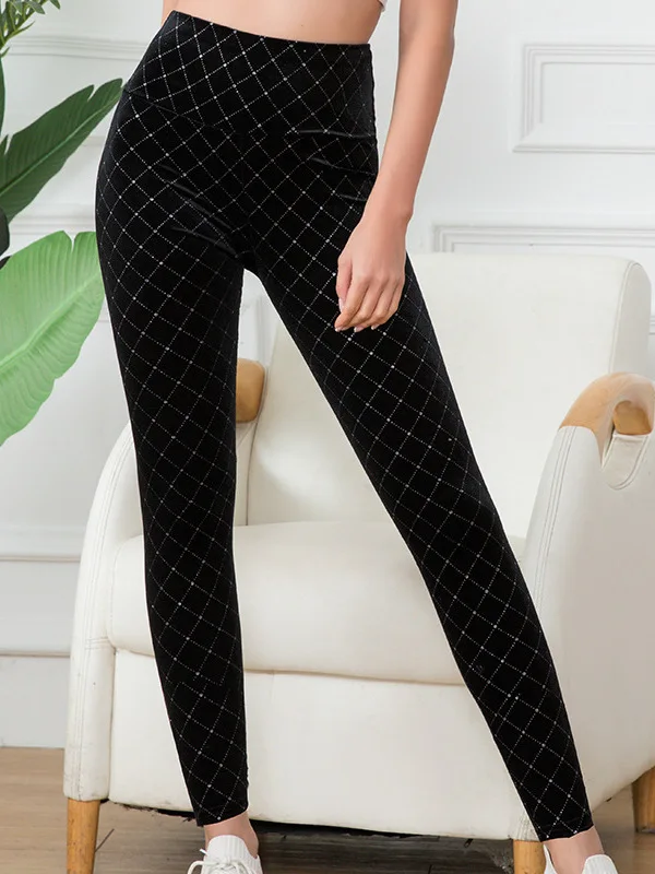 Hoge taille fluwelen yogabroek dames strakke pasvorm negenpunts legging met manchetten herfst winter sportbroek met diamantpatroon