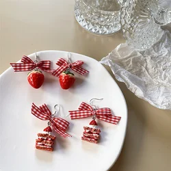 Ins Sweet Bow Ribbon Acrylic Strawberry Cake Pendant Earrings Quality Drop Earrings For Girls Women Gift Lovely Jewelry