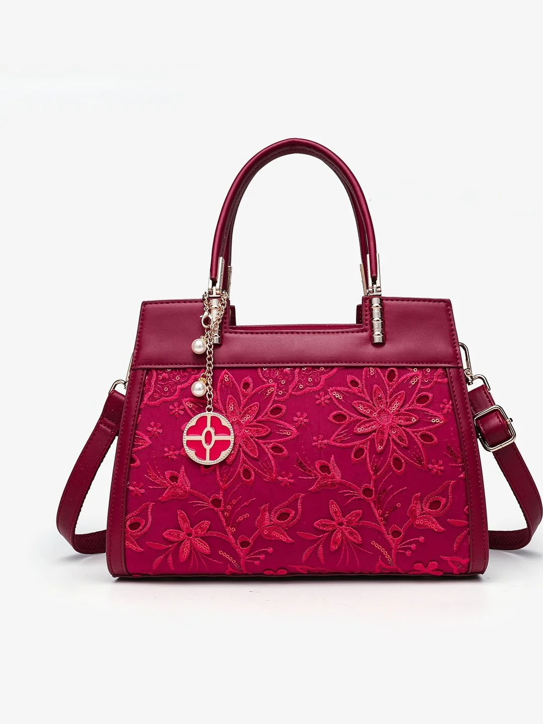 

URCIVOK Red Embroidered Crossbody Handbag Women's Midlife Birthday Gift Traditional Chinese Style Square Shape Leather Handle