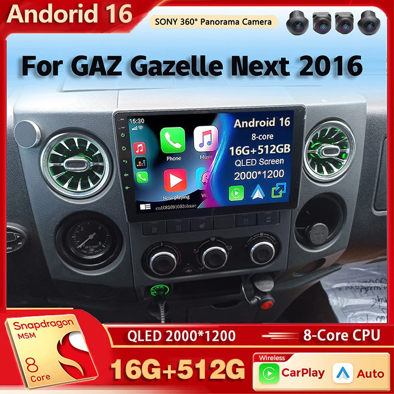 Rádio Multimídia Automotivo Android 16 Qualcomm para GAZ Gazelle Next 2016 com Carplay Sem Fio, Estéreo Automotivo com DSP e Navegação 2Din