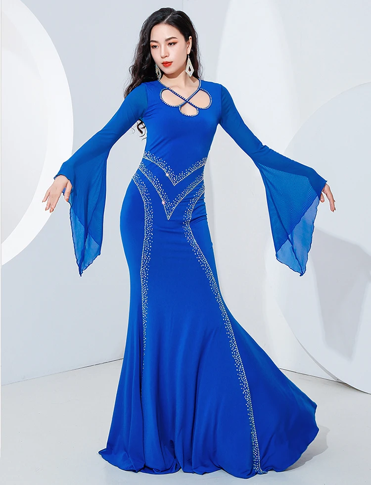 Women's Long Maxi Fishtail Skirt Belly Dance Dress Iraq Khaleeji Thobe Kawleeya Beledi Sequins Costume Saidi Perfformance Suit