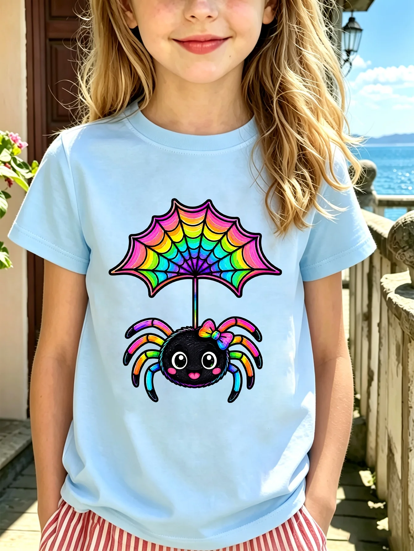 Rainbow Spider Web Umbrella Kids Tee Cute Cartoon Graphic Print Boys Girls Family Matching Cotton Short Sleeve Children Tshirt