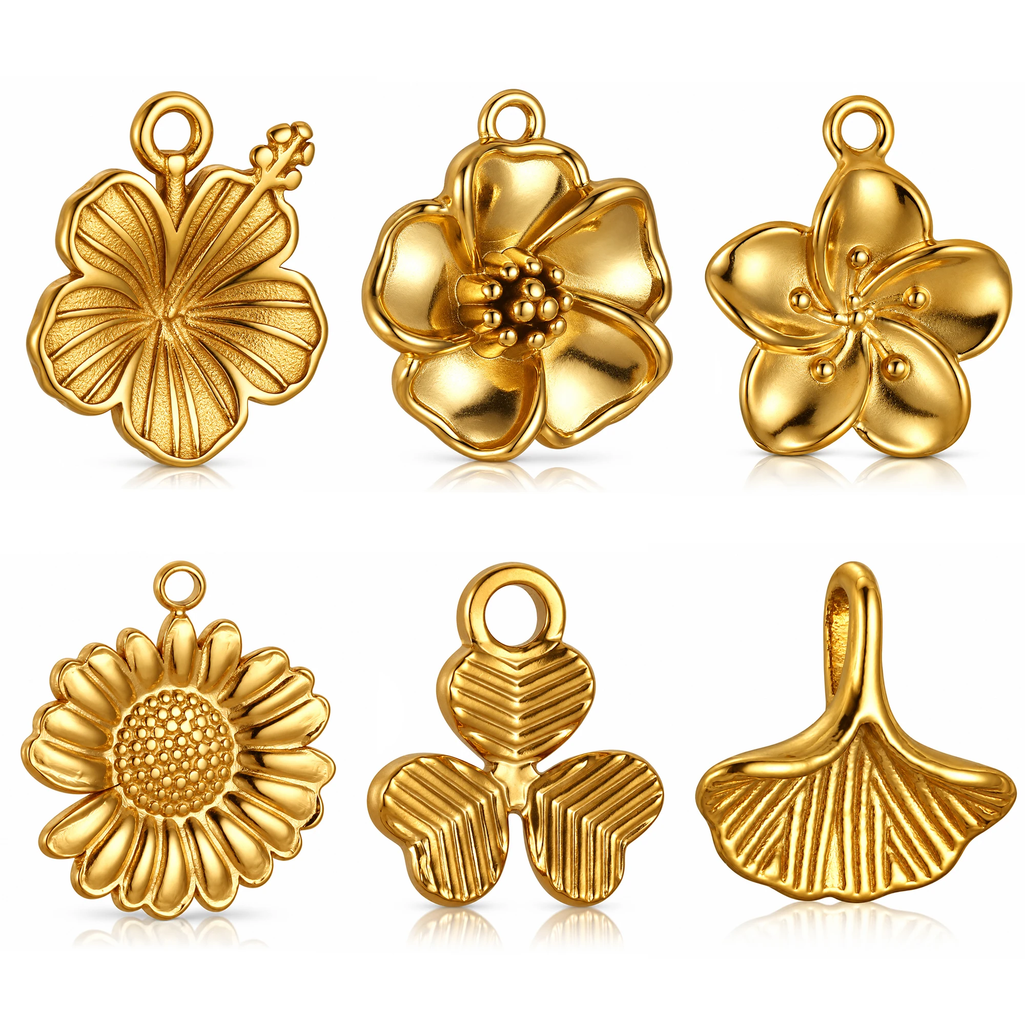3Pcs Cherry Blossom/Hibiscus/Daisy Charms for Jewelry Making Stainless Steel 3D Flower Pendants DIY Necklace/Earring Accessories
