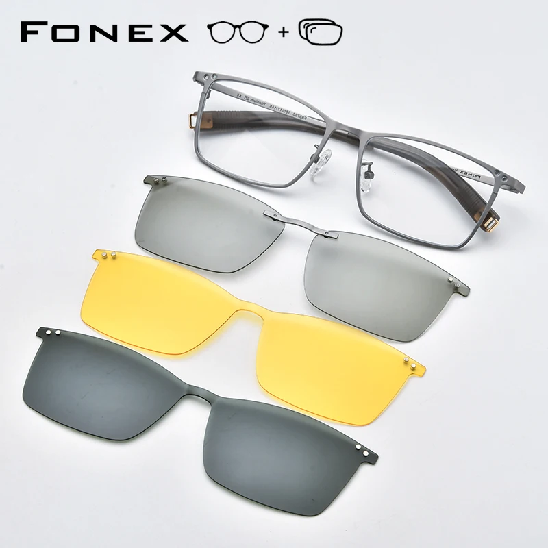 FONEX Titanium Prescription Eyeglasses Custom Myopia Optical Eyewear Men Square Magnet Glasses 3D Night Vision Polarized 85760