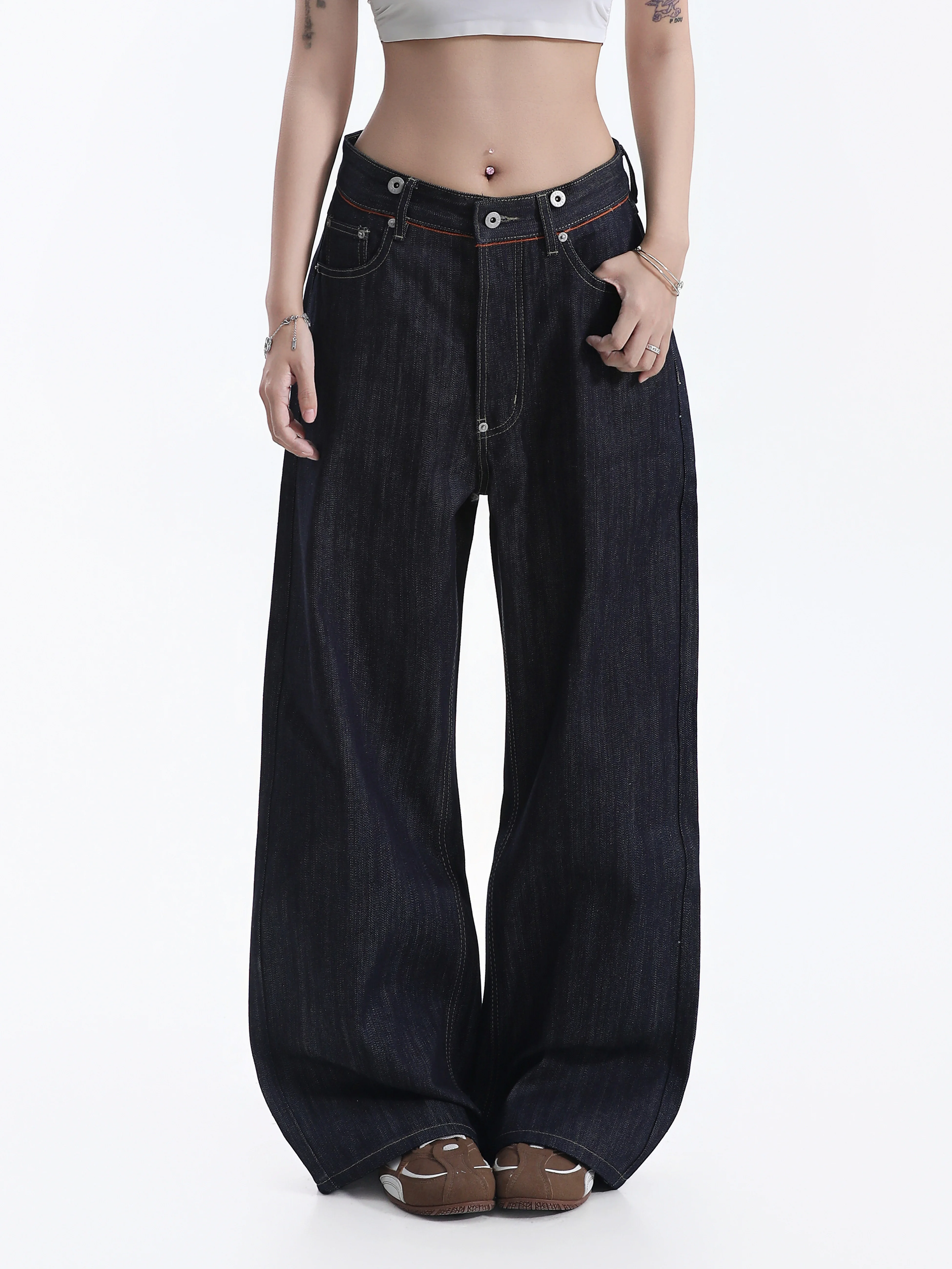 High Waist Wide Leg Denim Jeans Paris Buckle Loose Straight Cut Hip Concealing Floor Length Pants American High Street Style