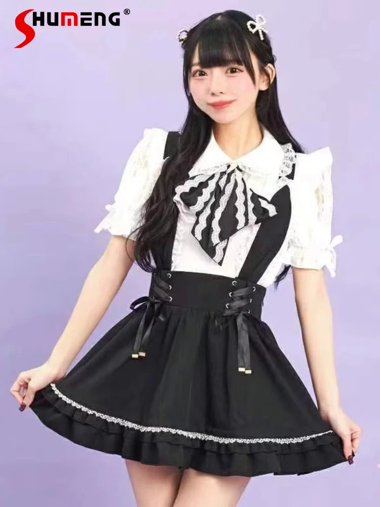 

Japanese Mine Style Mass-Produced Sweet Mini Skirts High Waist Lace-up Slim Back Bow Versatile Lolita Short Skirt Women Summer