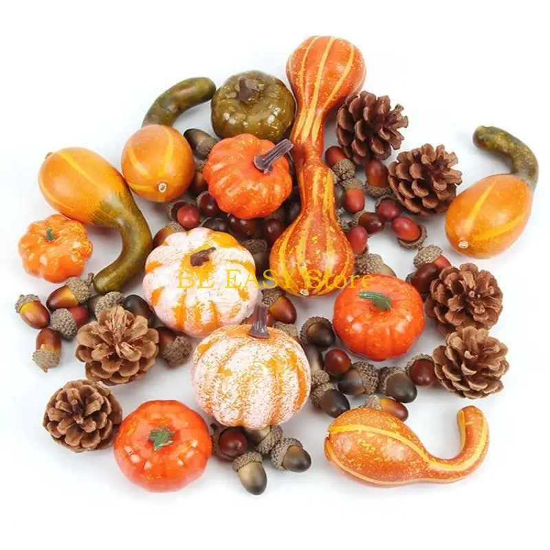 E28F Artificial Pumpkins Maple Leaves Pine Cones Acorns Set Fake Pumpkin Vegetables - view 5
