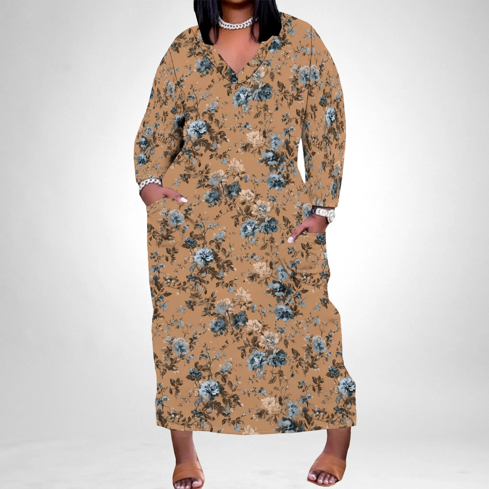 

Женские винтажные платья макси с цветочным принтом и карманами, весна-лето, повседневное красочное платье с длинным рукавом и V-образным вырезом