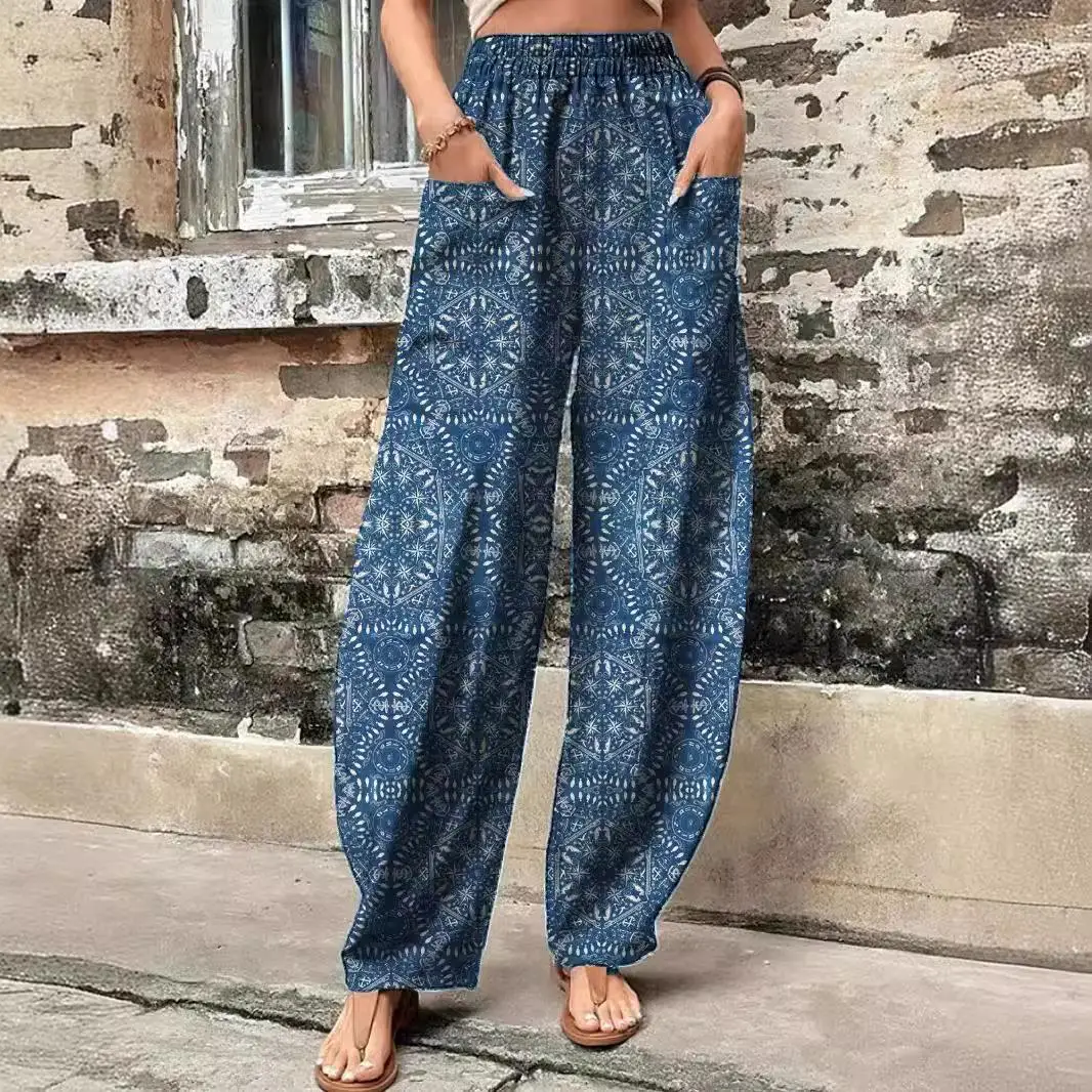 Cross-Border Women's Casual Pants 2024wish Independent Station Hits Elastic Waist Pocket Pants Comfortable Loose Fit Polyester