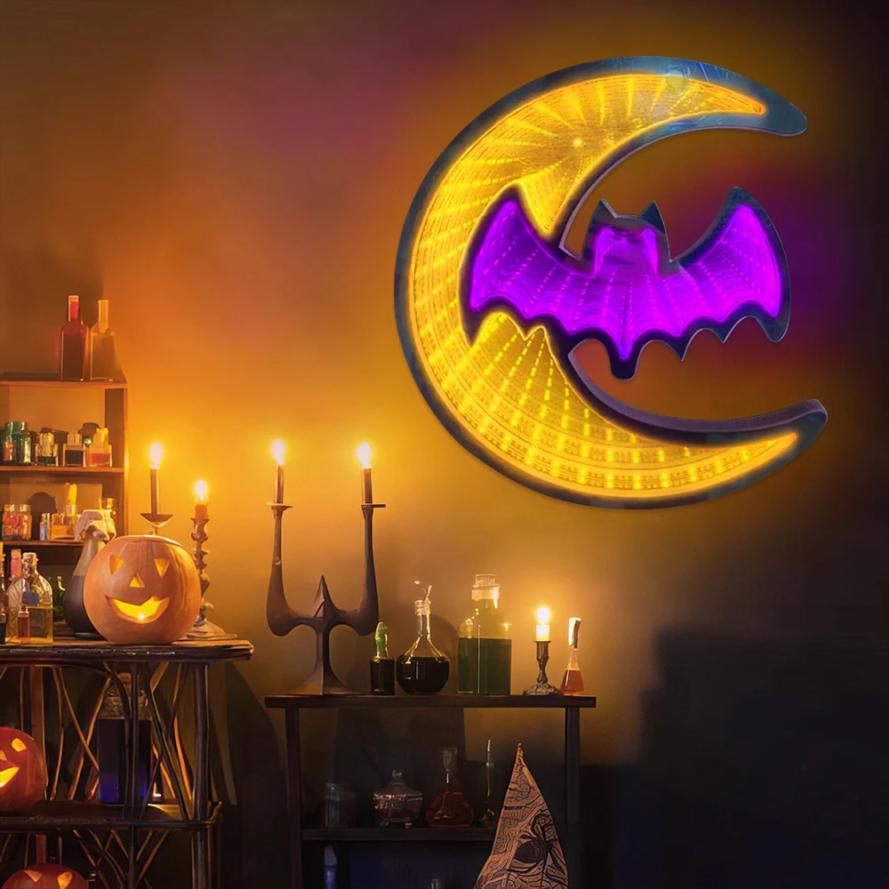 Bat Noon Halloween Infinity Mirror LED Neon Light Signs Pumpkin Ghost Kid Gift Present Custom Club Bar Home Bedroom Outdoor