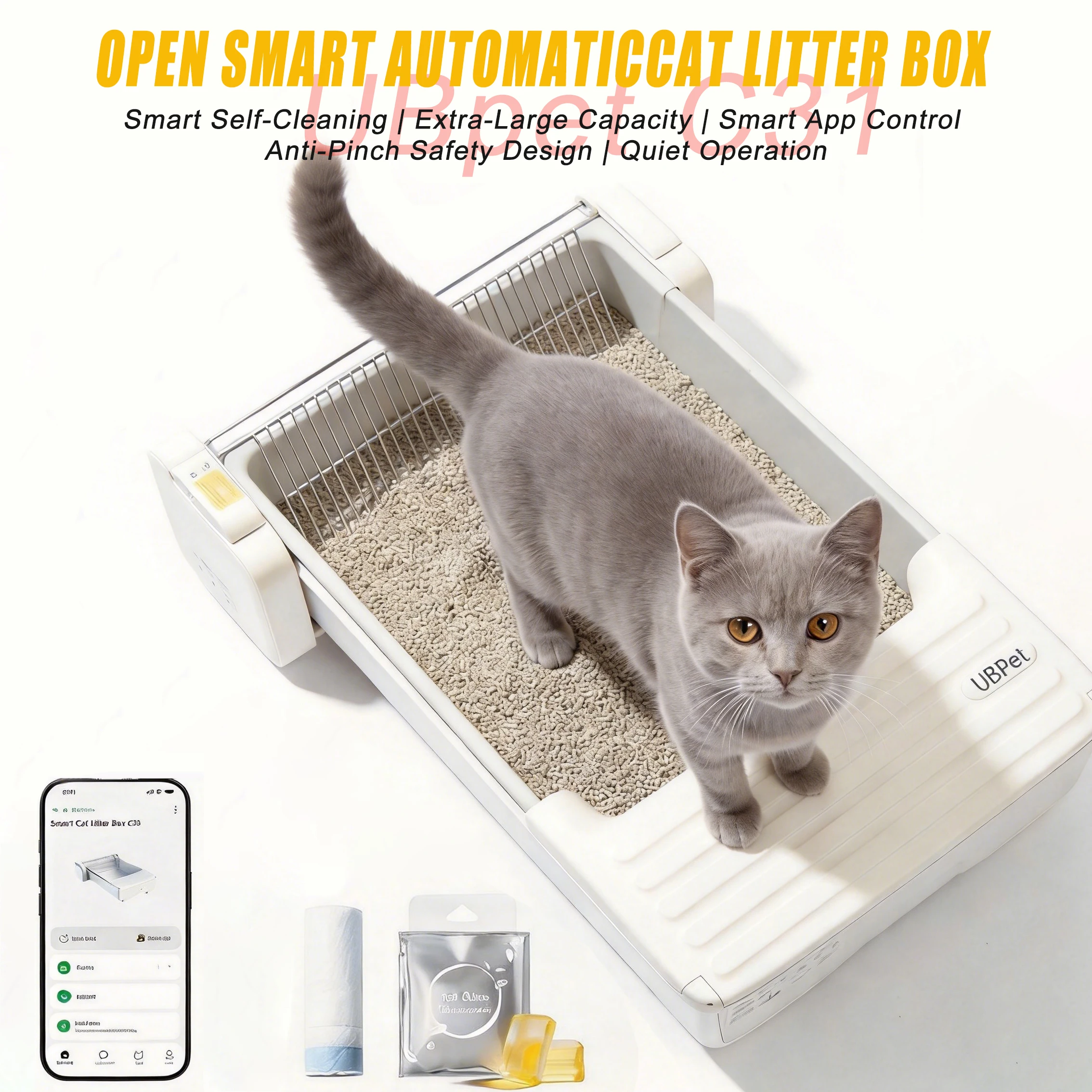 UBPET C31 Katzenklo Selbstreinigend,Offene Selbstreinigende Katzentoilette mit APP-Steuerung,Desodorierer,Doppeltes Rechenzahndesign,Große Fassungsvermögen,Automatisches Katzenklo für Mehrere Katzen