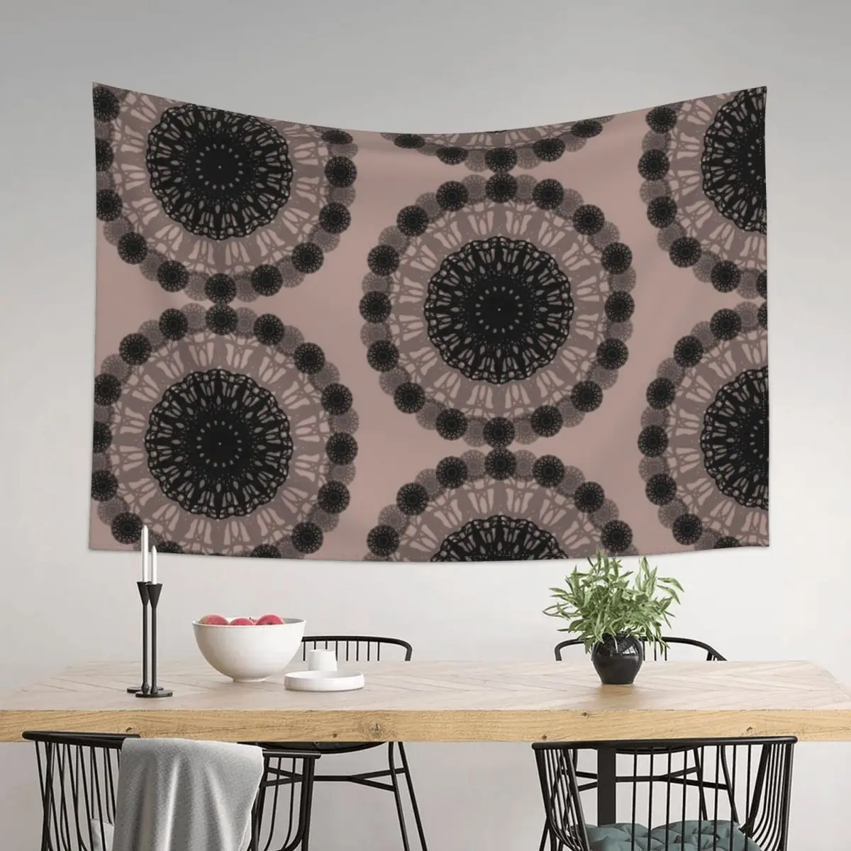 

Floral Black Mandala on Pastel Brown Tapestry Home Decor Aesthetic Home Supplies For Bedroom Decorative Wall Mural Tapestry