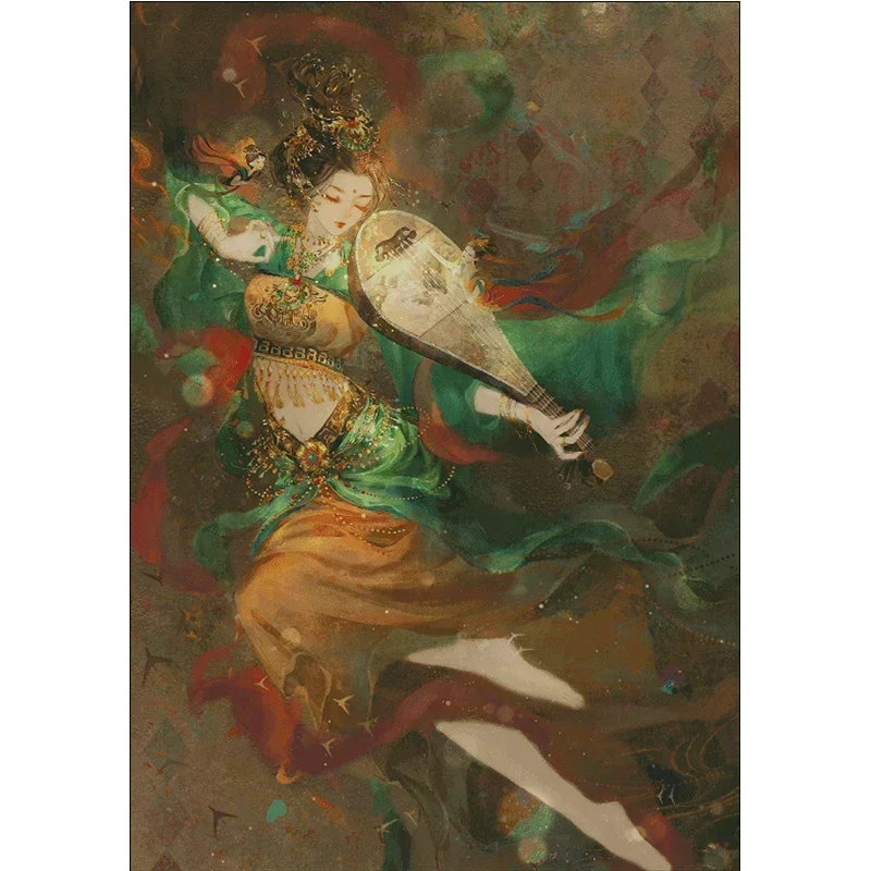 Stamped Cross Stitch Kit 14/16CT Pre Printed Canvas Cotton Thread DIY Embroidery Wall Decor[ZZ1344-Dunhuang Pipa Qingyao Fairy]