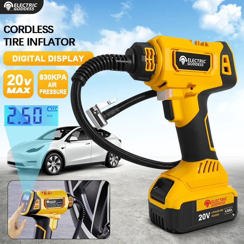 EGOD 830kpa Cordless Tyre Inflator Air Compressor with Digital Display 140W Electric Inflator Pump for Dewalt 20V Battery