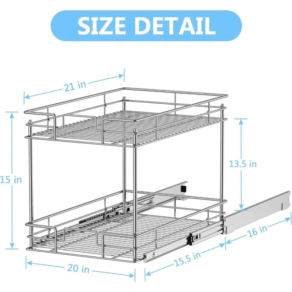 منظم خزانة من طبقتين، درج سحب 20 بوصة عرض × 21 بوصة د للخزانة الأساسية، منظم منزلي من الكروم، فضي #6