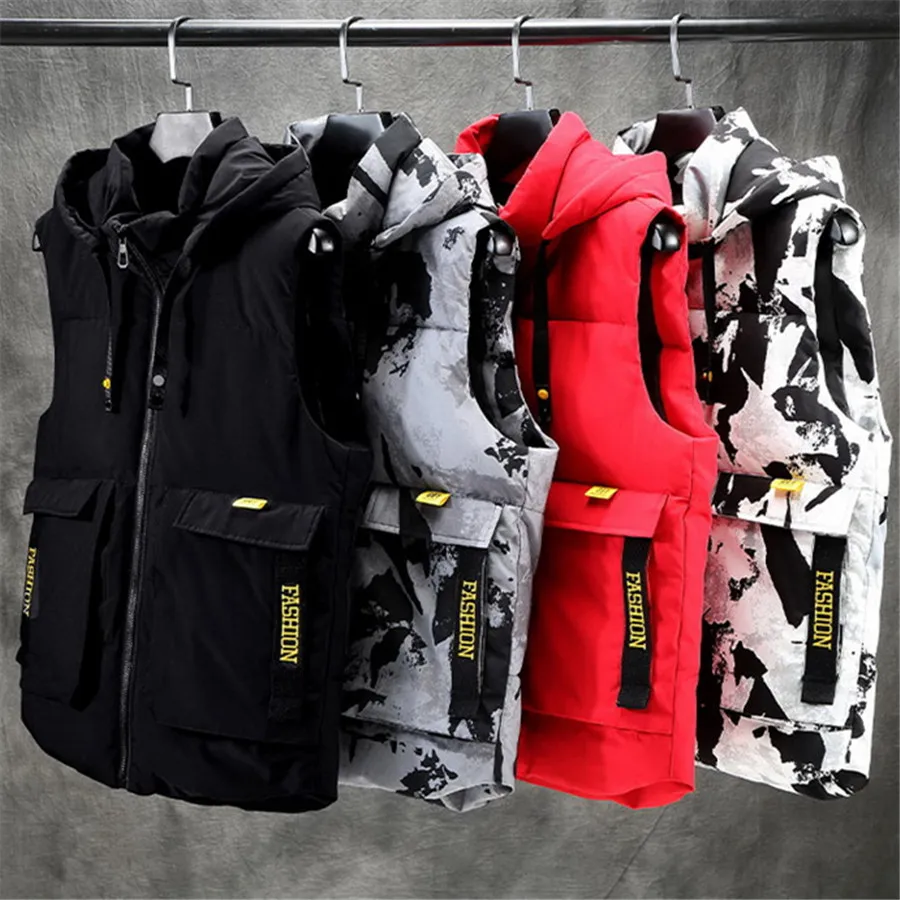 Cotton Padded Men Vests Detachable Hooded Sleeveless Jacket Men's Winter Warm Thick Coat Red Outerwear Oversize 8XL