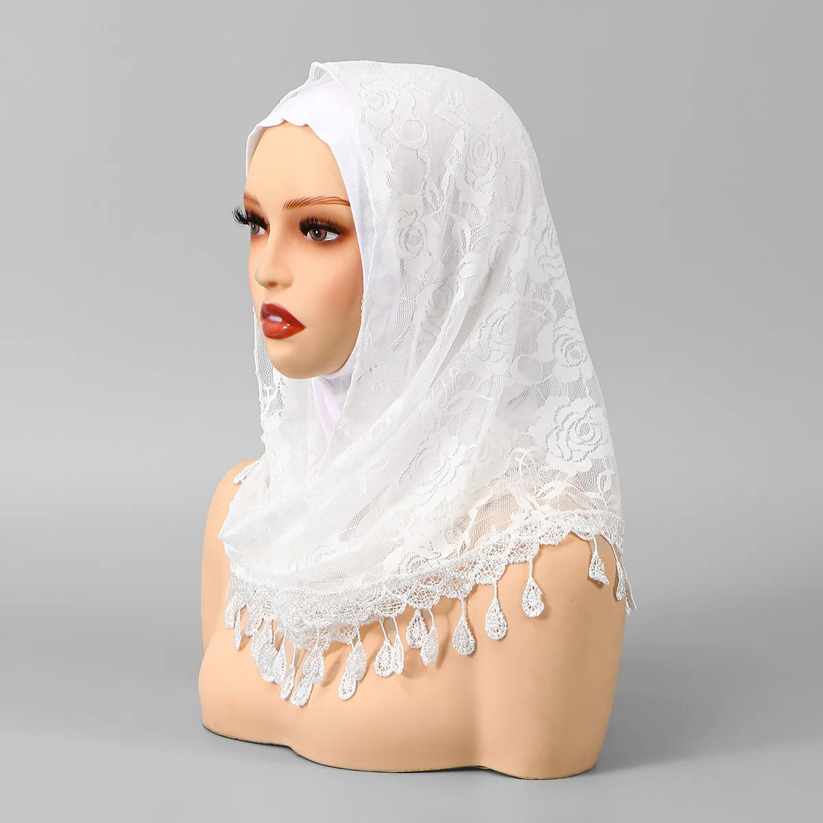 

Dubai Muslim Women 2Pcs Lace Hijab Set Floral Pattern Tassel Edge Scarf With Inner Cap Soft Breathable Islamic Prayer Head Wrap