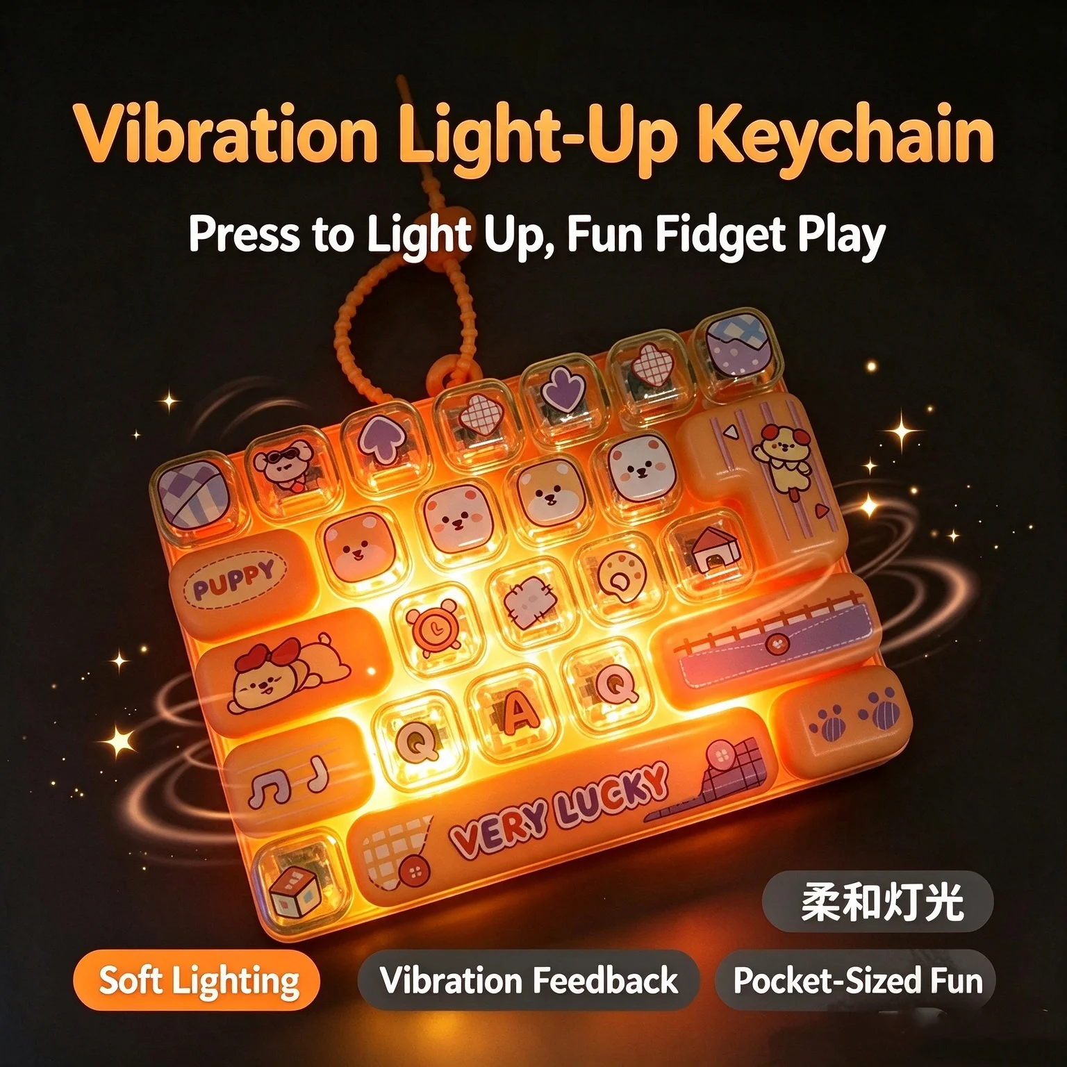 Cartoon Transparent Mini Keyboard Fidget Toy Keychain, 26 Buttons Finger Press Bag Charm Decor
