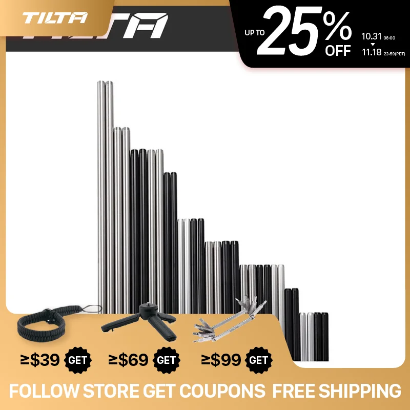 TILTA 2 Pcs R15-100-B 15mm Aluminum Alloy Camera Rail Rods Set Black/Silver - DSLR Compatible 100/150/200/300 Mm Options