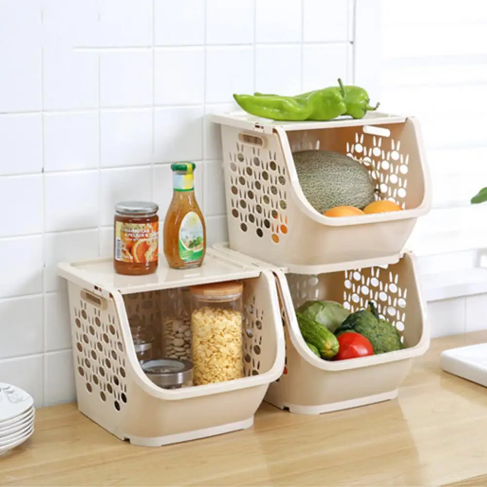 Stackable Storage Basket Hollow-design Strong Load-bearing Capacity Kitchen Vegetable Fruit Organizer Shelf with Lid Home Supply