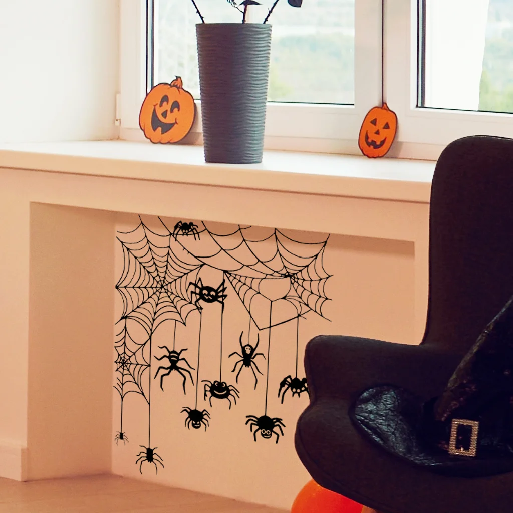 Halloween Wall Sticker Spooky Halloween Door Topper Wall Sticker Set Witch Ghost Black Cat Spiderweb Pumpkin Window for Festive view 3