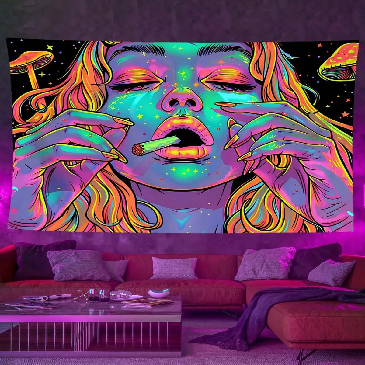 Blacklight Trippy Girl Tapestry UV Reactive Neon Wall Hanging Peach Skin 2D Flat Print Psychedelic Room Decor 150x130