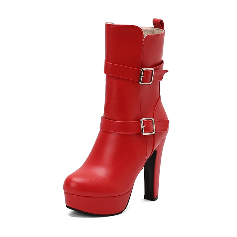 QPLYXCO Ankle Boots Women Extreme Big Size Round Toe Block High Heel Zipper Belt Buckle Dress Party Short Platform Boots 30-14