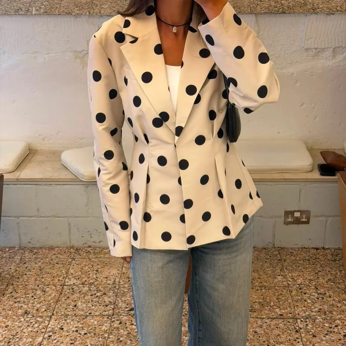 Laur Women Polka Dot Blazer Notched Lapel Single Button Waist Cinched Slim Jacket Elegant Casual Office Outerwear