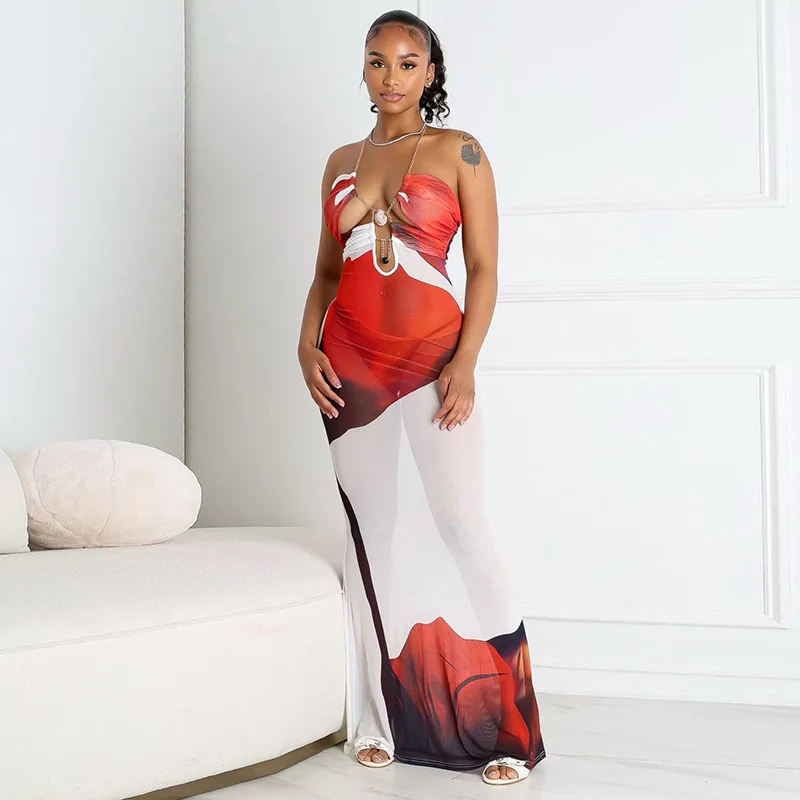 

BKLD New Women Clothing Fashion Floral Printed Shell Chain Halter Neck Hollow Out Backless Mesh Dress Party Clubwear Long Dress
