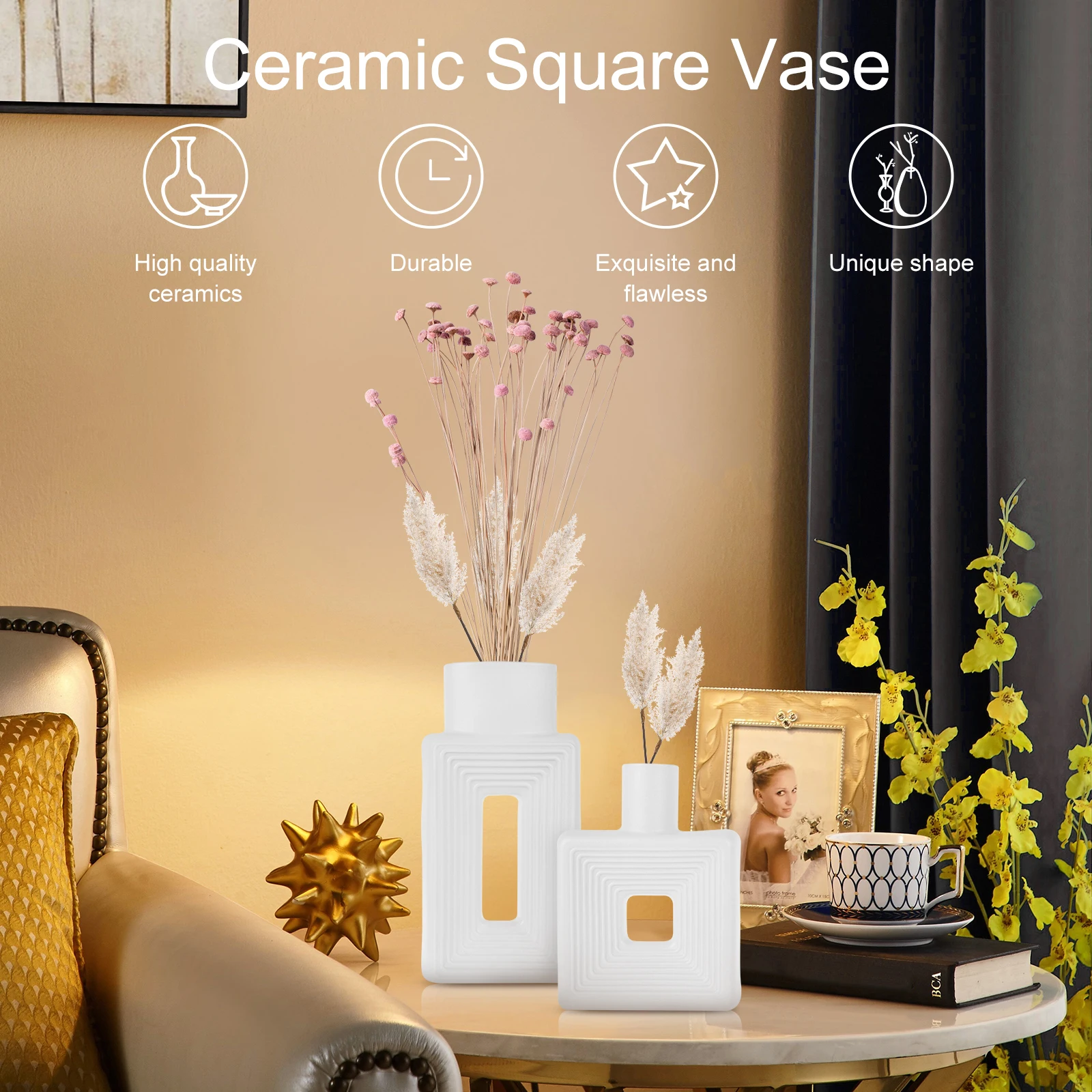 

2Pcs Ceramic White Vase Set Rectangle Square Flower Vases Decorative Minimalism Style Flower Vases Modern Home Decorative Vase